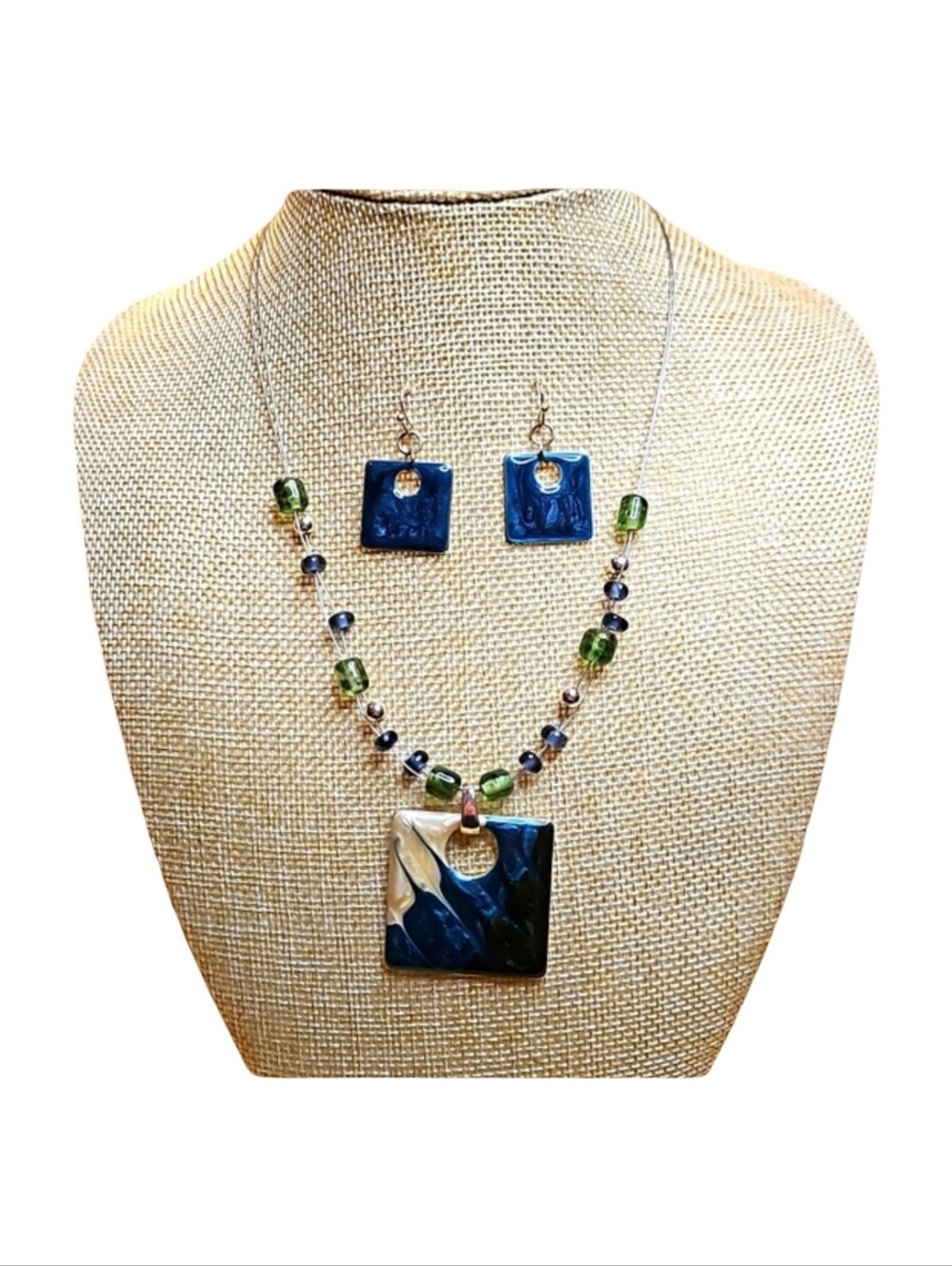 Charming Charlie Blue Green Enamel Swirl Square Necklace & Earring Set